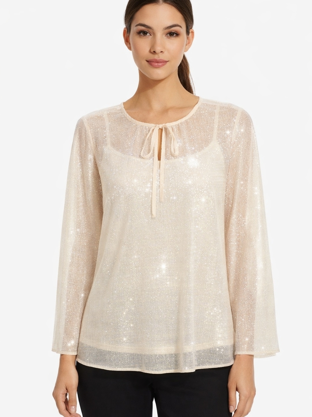 Anne Klein Light Dune Sheer Tie-Neck Blouse Subtle Sparkle 2pcTank Top Size 16-1